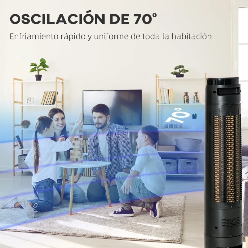 HOMCOM Climatizador Evaporativo 60W Silencioso con Mando 3 Velocidades Oscilación 70° Pantalla LED Táctil 31,5x31,5x107cm Negro