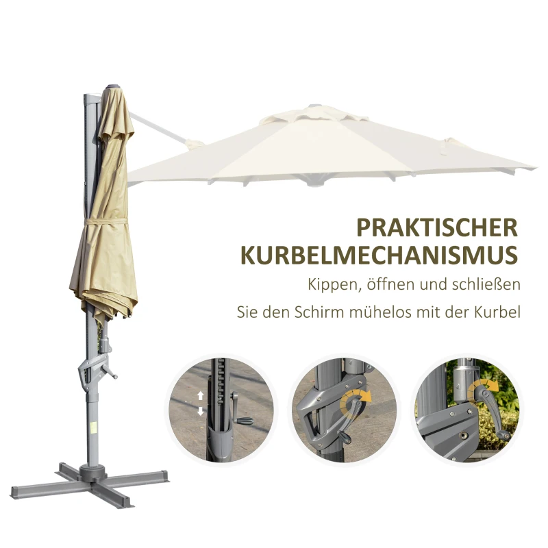 Outsunny Ampelschirm Ø298 cm, Sonnenschirm, verstellbarer Winkel, inkl. Kurbel, 360 Grad drehbar, Khaki
