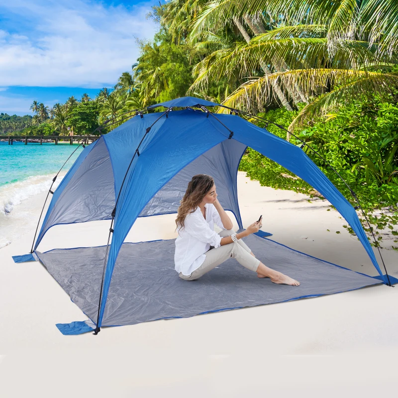 Outsunny Tente de plage abri de plage XXL pliable dim. 2,47L x 2,47l x 1,45H m sac transport inclu polyester bleu marine