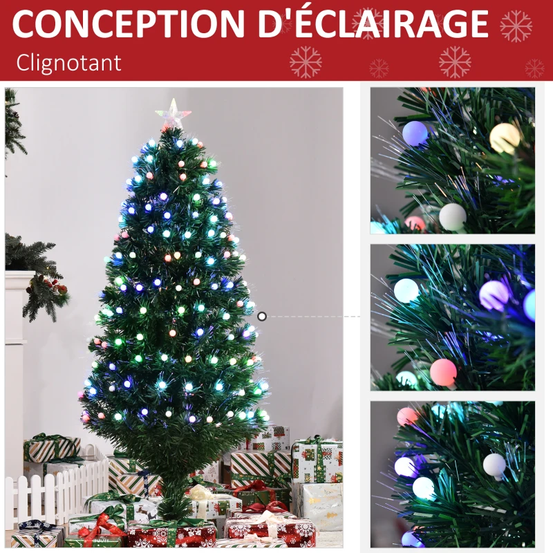 HOMCOM Sapin de Noël Artificiel Lumineux 150H cm Fibre Optique LED 170 Ampoules Multicolores 170 Branches étoile Sommet Brillante Vert