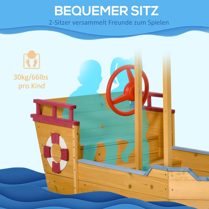 Outsunny Sandkasten Schiff Design Matschekiste aus Holz Segelschiff mit Sitzbank Flaggenmast Piratenschiff für Kinder 3-8 Jahre Sandkiste für den Garten Outdoor Sandbox Orange 160 x 70 x 103 cm