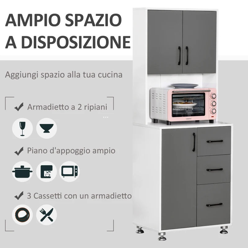 HOMCOM Credenza Alta da Cucina con Design Moderno, Madia Mobile Buffet in Legno Bianco e Grigio, 60x40x160cm