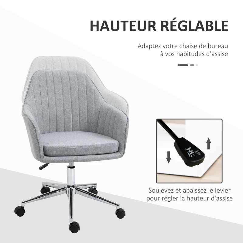 Vinsetto Chaise de bureau design contemporain dossier accoudoirs striés hauteur réglable pivotant 360° piètement chromé lin gris clair