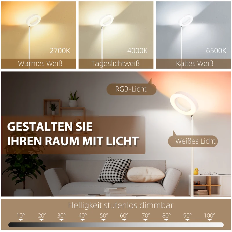 HOMCOM Stehleuchte, Deckenfluter, smart, App- & Sprachsteuerung, viele Farben, Stahl, weiß, 25 x 25 x 168cm