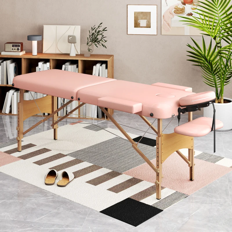 HOMCOM Camilla de Masaje Plegable con Reposacabezas Extraíble Asa Marco de Madera y Altura Regulable 210x81x67-92 cm Rosa