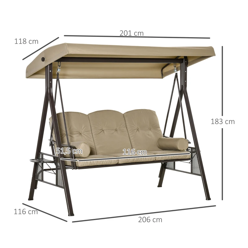 Outsunny 3-Sitzer Hollywoodschaukel Gartenschaukel mit Sonnendach Kissen Metall Polyester Khaki 116 x 206 x 183 cm