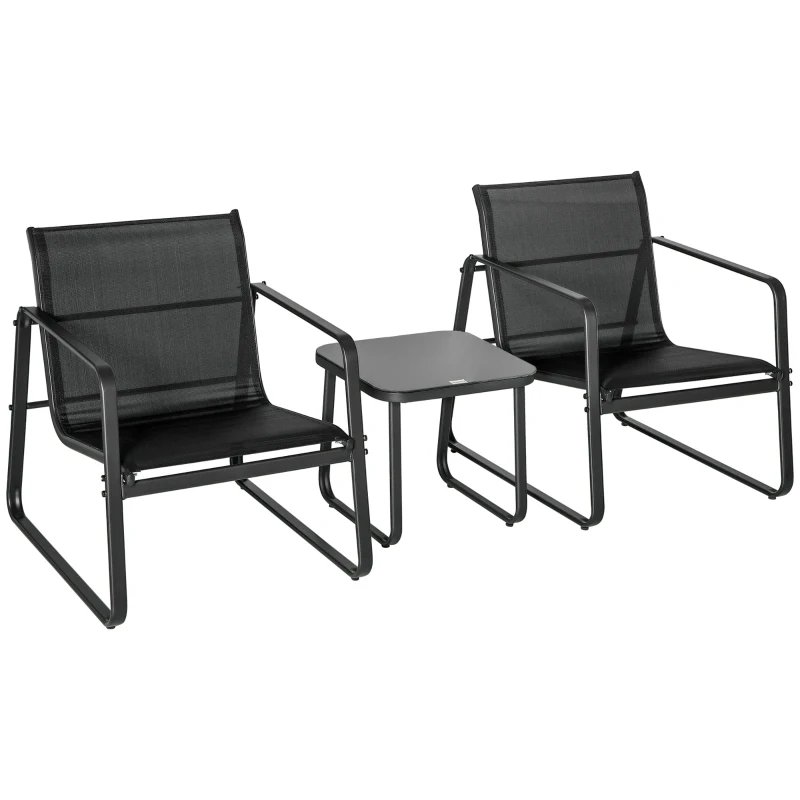 Outsunny Conjunto de Muebles de Jardín 3 Piezas Muebles de Jardín Exterior Incluye 1 Mesa de Vidrio Templado y 2 Sillas con Reposabrazos y Respaldo Transpirable para Terraza Balcón Negro