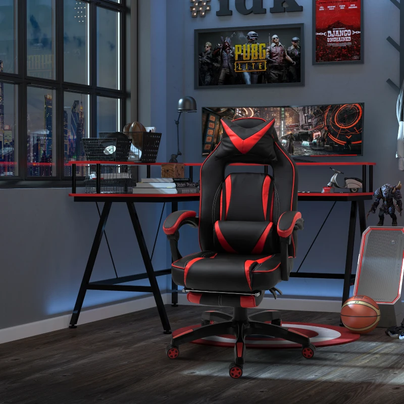 HOMCOM Fauteuil gamer, chaise gaming, siège de bureau réglable, avec repose-pieds et coussin, pivotant inclinable revêtement synthétique noir rouge
