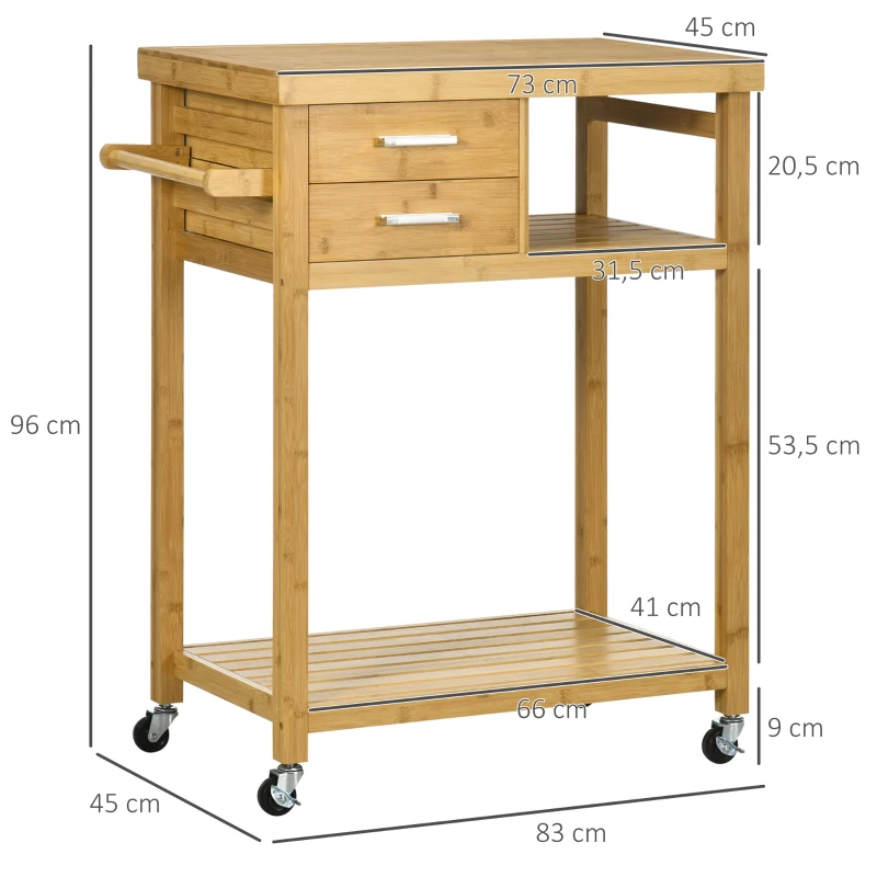 HOMCOM Desserte de cuisine à roulettes chariot de service meuble de rangement pour cuisine en bambou 2 tiroirs 83 x 45 x 96 cm
