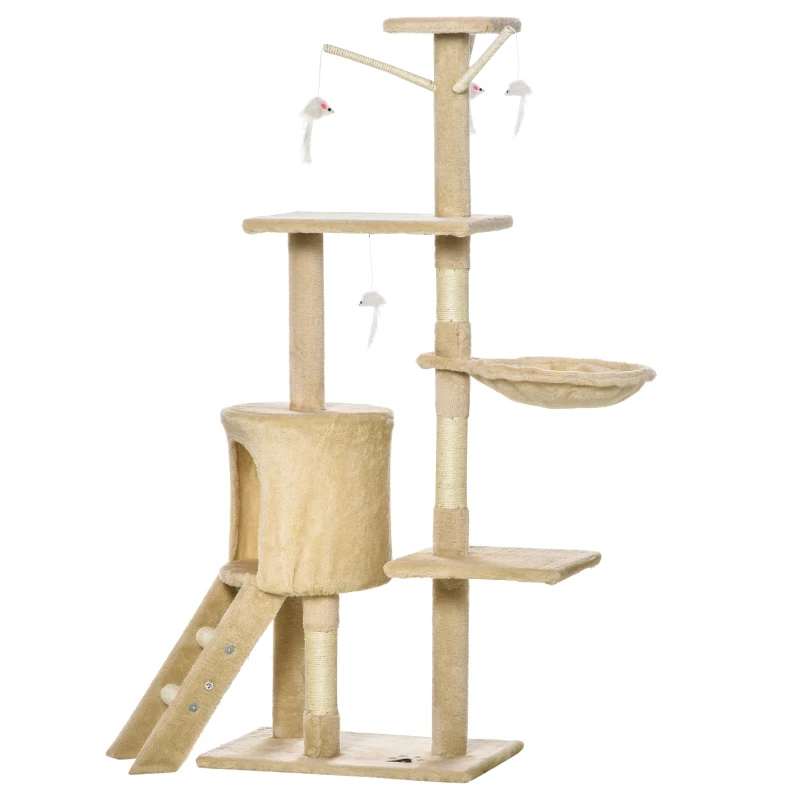 PawHut Torre per Gatti con Casetta, Trespolo, Piattaforme e 4 Topolini appesi, Tiragraffi per Gatti in Truciolato, Peluche e Sisal, 50x35x134.2 cm, Beige