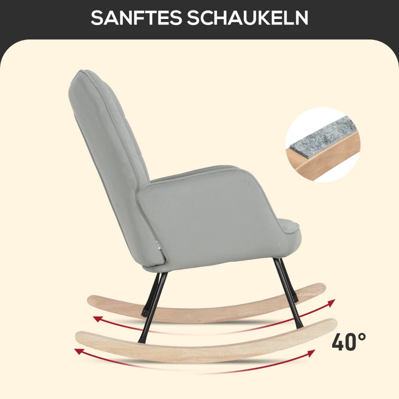 HOMCOM Schaukelstuhl, dicke Polsterung, breite Rückenlehne, Buchenholz/Stahlrahmen, bis 120 kg, Hellgrau(m-4)