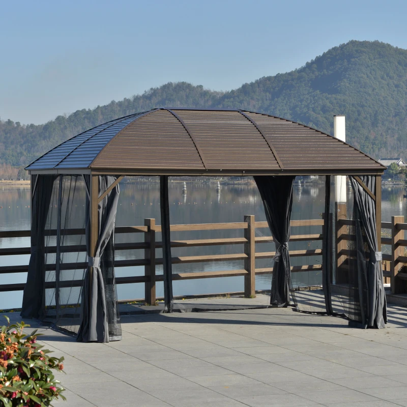 Outsunny 3 x 4m Hardtop Gazebo Canopy with Metal Roof, Aluminium Gazebo Permanent Pavilion with Netting and Curtains, Dark Grey