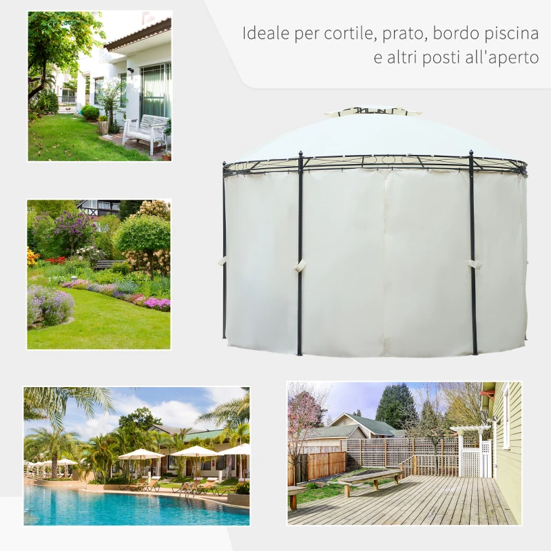 Outsunny Gazebo da Giardino Rotondo con Doppio Tettuccio, Cinghie e Tende, Ø3.5x2.8m, Bianco