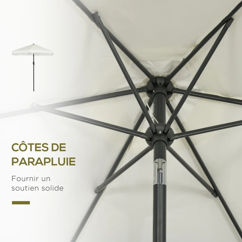 Outsunny Parasol de jardin inclinable parasol avec manivelle à franges style bohème 6 baleines Ø 225 x 223H cm crème et mât noir
