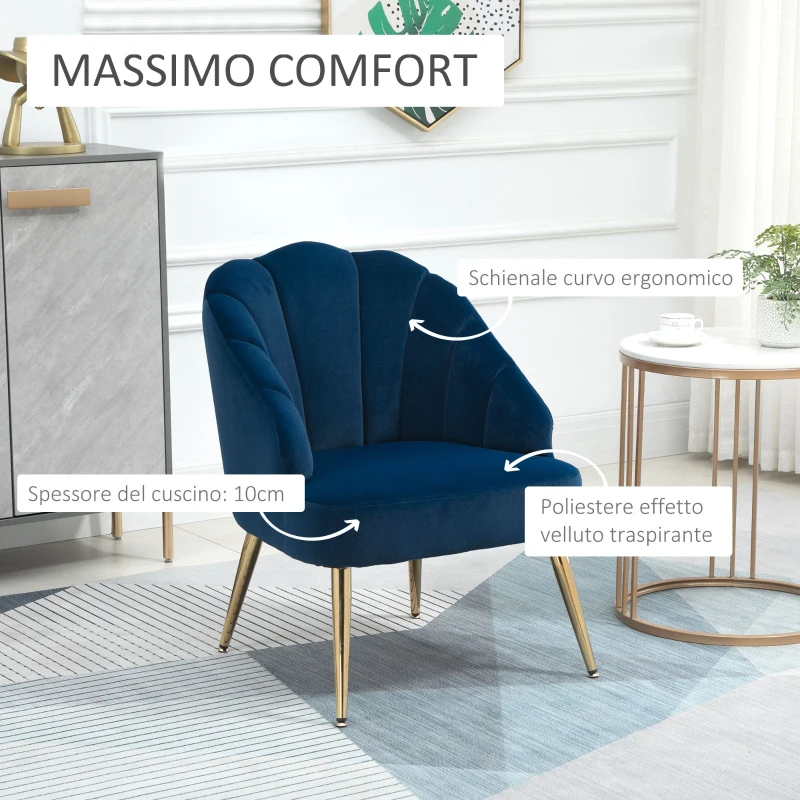 HOMCOM Poltrona in Velluto Imbottita con Schienale a Conchiglia per Camera e Salotto, 63x65x84cm