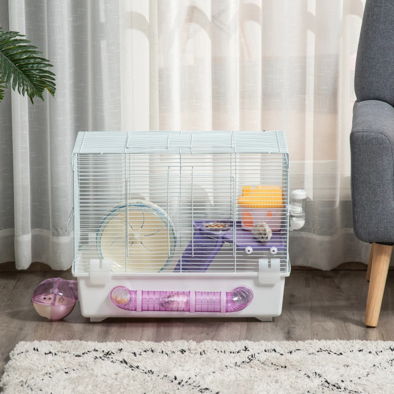 PawHut 2 Tier Hamster Cage Gerbil Rodent House Small Animal Habitat with Exercise Wheels Tunnel Tube Water Bottle Dishes Ladder, White
