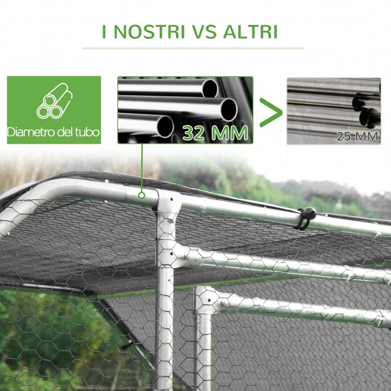 Pawhut Recinto Gabbia per Galline da Esterno in Metallo Galvanizzato, Pollaio per Galline Ovaiole da Esterno, Porta con Blocco e Sezione con Tessuto Oxford, 280x380x195 cm, Argento