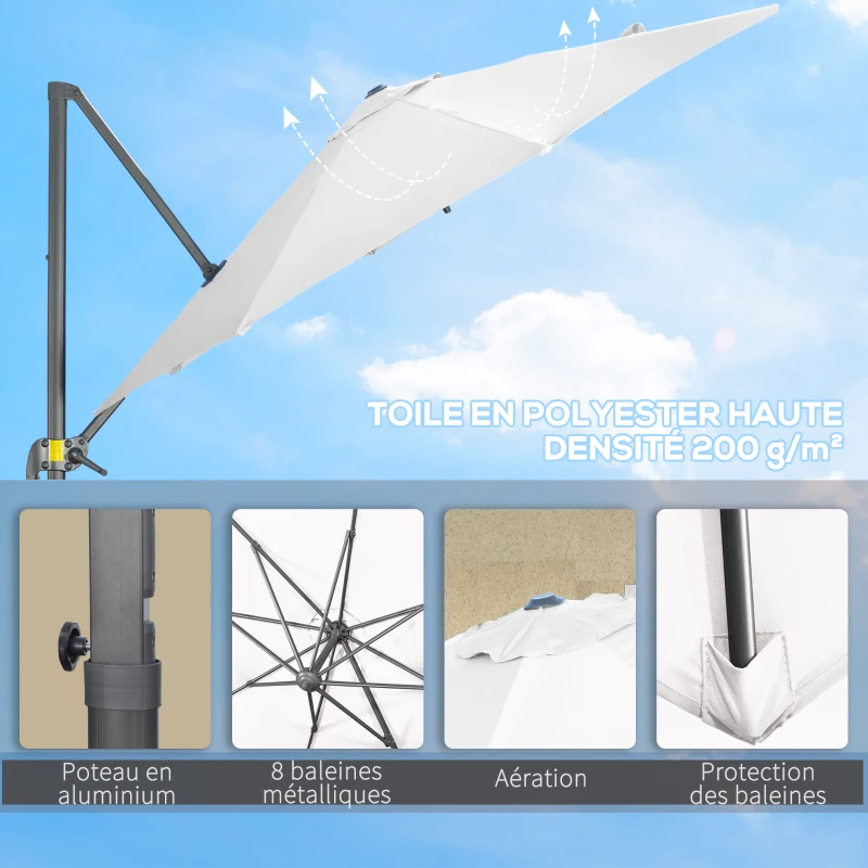 Outsunny Parasol déporté Ø 3 m octogonal inclinable manivelle avec pied en acier blanc