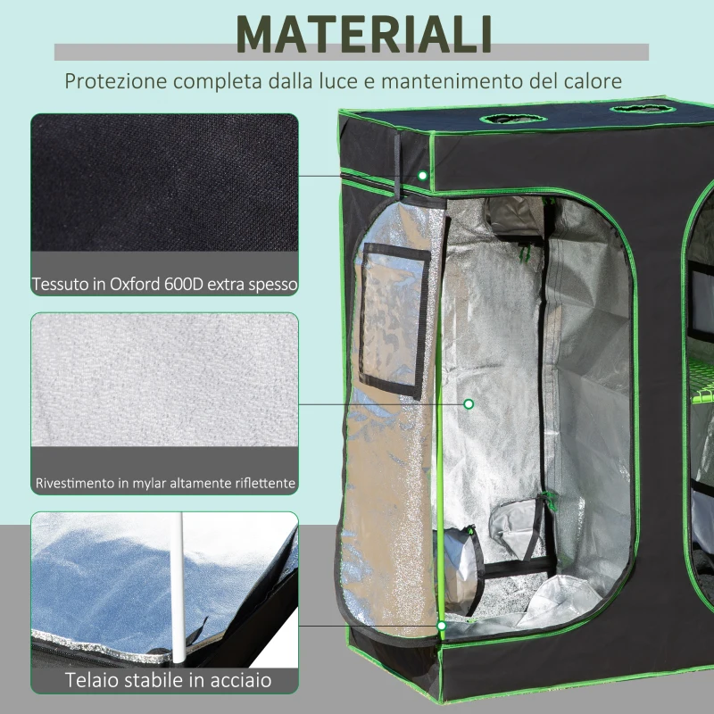 Outsunny Serra Idroponica per Interni, Tessuto Riflettente e Prese d'Aria, Porte e Finestre, 90x60x135cm Nero e Verde