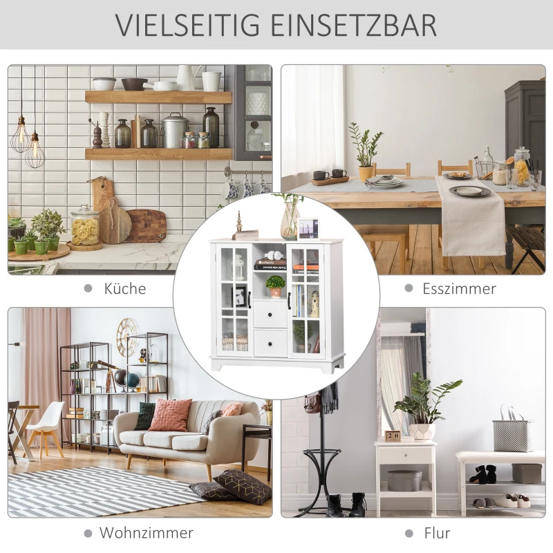 HOMCOM Küchenschrank Sideboard Aufbewahrungsschrank modern elegant mit 2 Schubladen und Glastüren für Esszimmer Wohnzimmer MDF Weiß 100 x 35 x 100 cm