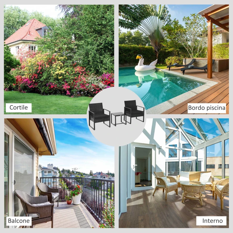 Outsunny Set da Balcone, Tavolino e 2 Sedie da Esterno in Rattan con Cuscini, Nero
