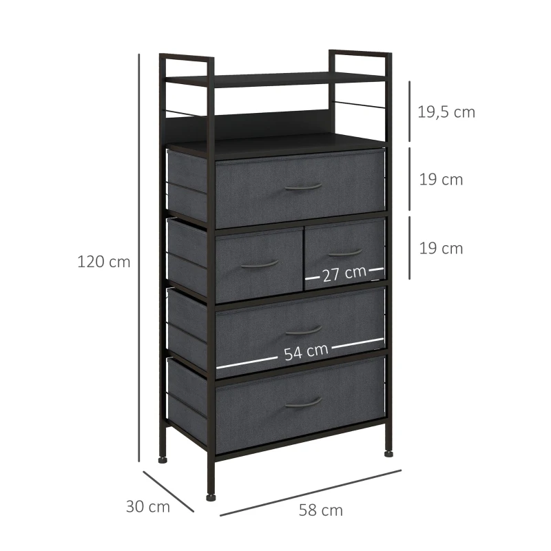 HOMCOM Commode meuble de rangement 5 tiroirs en tissu amovibles et 2 étagères structure acier dim. 58L x 30l x 120H cm noir