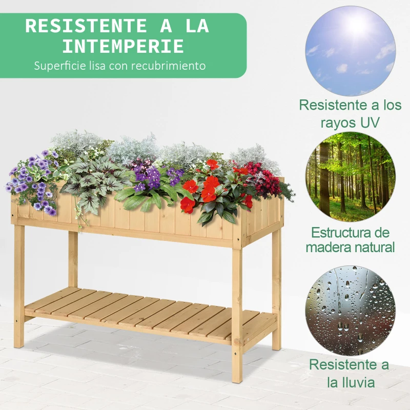 Outsunny Huerto Urbano de Madera 120x60x81 cm Jardinera Elevada para Cultivo de Plantas Flores Mesa de Cultivo con Estante Inferior para Jardín Terraza Exterior Natural