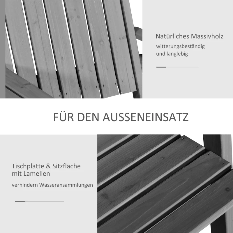 Outsunny Gartenbank mit Tisch, Sitzgruppe, Gartenmöbel, mit Regenschirmloch, Sitzbank, 2 Stühle, Massivholz, Grau, 152 x 70 x 83 cm