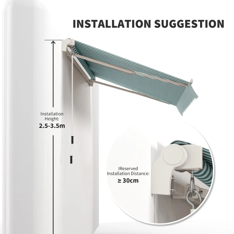 Outsunny Window Awning Canopy Garden Outdoor Shelter Patio Sun Shade Party Event UV Blocker Light Weight Aluminium Frame w/Hand Crank (3 x 2.5m, White/Green Stripe)