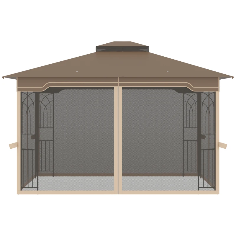 Outsunny Gazebo da Giardino con Zanzariera, Doppio Tetto e Struttura Metallo, 3.7x3m Marrone e Beige