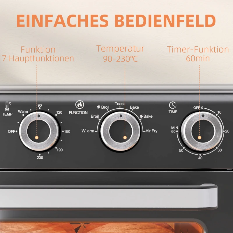 HOMCOM Minibackofen, 20L, 5 Funktionen, 360° Heißluft, Grillrost, Krümelblech, Grau(m-7)