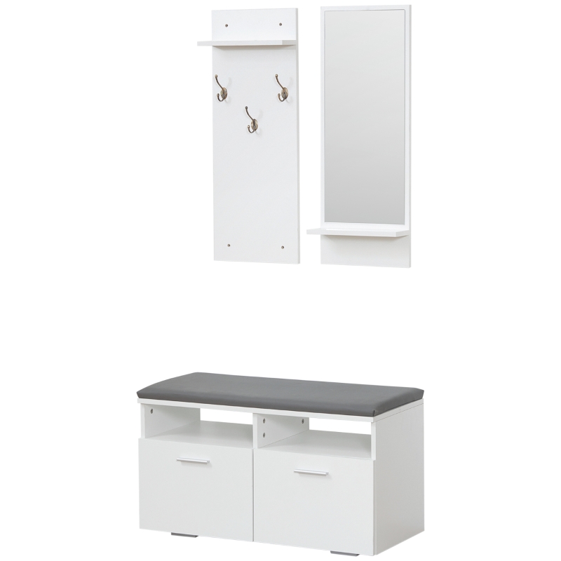 HOMCOM Conjunto de Recibidor con Espejo Perchero y Zapatero para 8 Pares Mueble de Entrada con 2 Puertas y 3 Ganchos Blanco