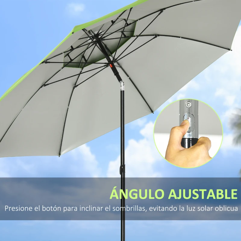 Outsunny Sombrilla de Playa Ø185x205 cm con Techo Doble Ángulo Ajustable Protección UV30+ y Bolsa de Transporte Verde