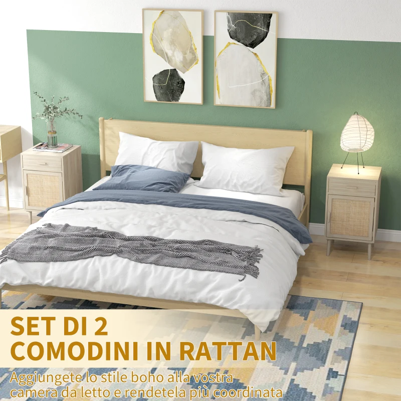 HOMCOM Set 2 Comodini per Camera da Letto con Cassetto e Anta in Rattan Stile Boho, Colore Legno