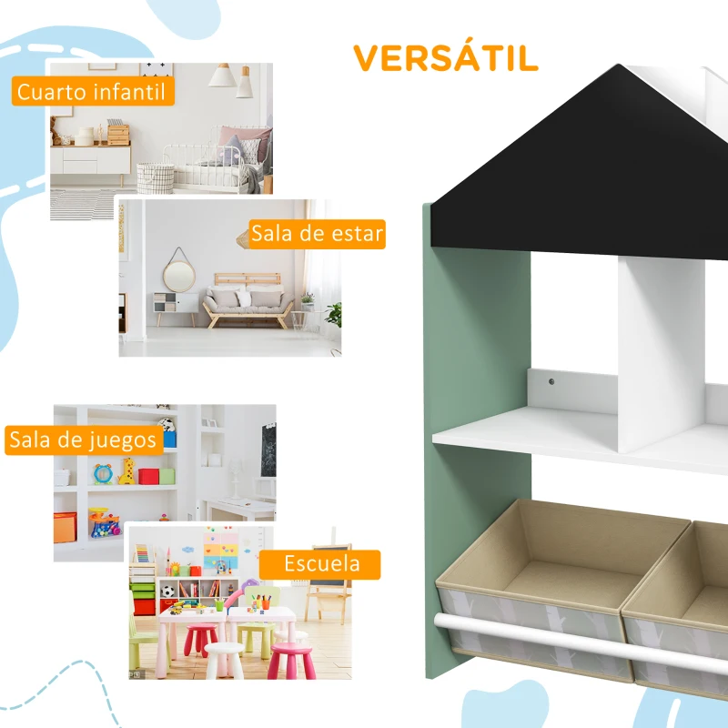 ZONEKIZ Organizador Infantil Estantería para Juguetes con Estantes Abiertos y 2 Cajas Extraíbles 62,4x26,5x90 cm Verde