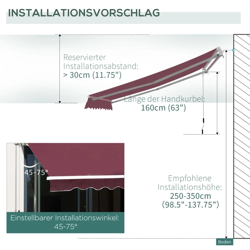 Outsunny Markise Gelenkarmmarkise Sonnenschutz Balkon Weinrot 3x2,5m
