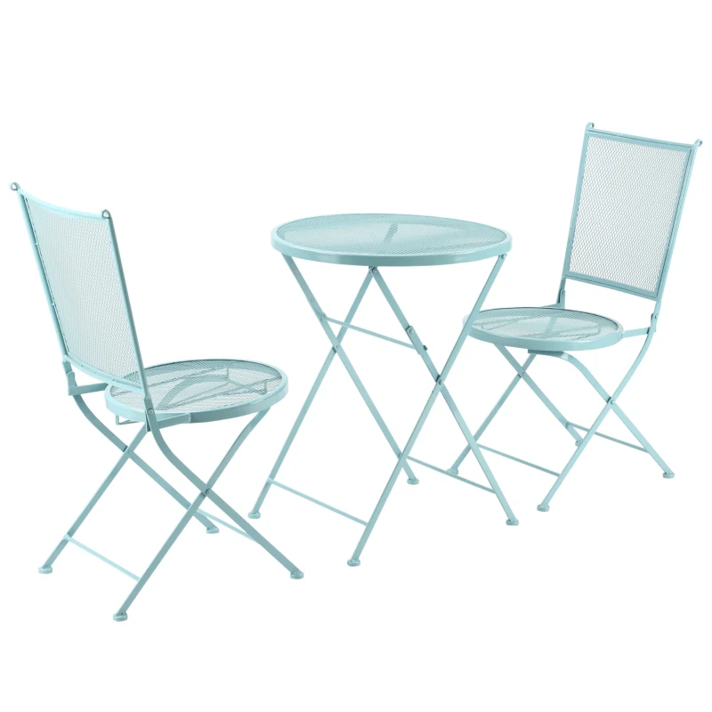 Outsunny Garten Sitzgruppe für 2 Personen Bistro-Set Garnitur 1 Tisch+2 faltbare Stühle für Terrasse Balkon Metall Blau