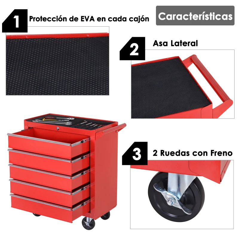 DURHAND Caja Taller Carro de Herramientas con Ruedas Cerradura tipo Mueble de Almacenamiento para Taller Garaje y Hogar Chapa de Acero 69x33x75 cm Rojo