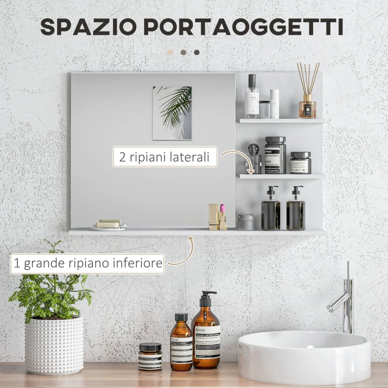 kleankin Specchio da Bagno a Parete con 2 Ripiani Laterali e Ripiano Inferiore, in MDF e Vetro con verniciata, 75x10x48 cm, Bianco | Aosom Italy