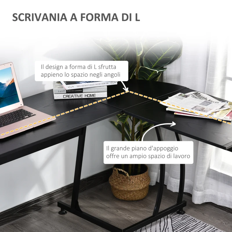 HOMCOM Scrivania Gaming Angolare in Legno e Metallo, per Casa Ufficio o Studio, Salvaspazio, 112.5 x 152 x 74cm, Nera