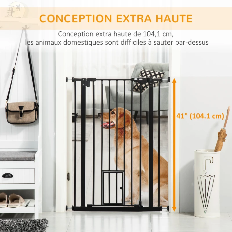 PawHut Barrière de sécurité animaux de 104,1H cm avec porte fermeture automatique système de double verrouillage noir