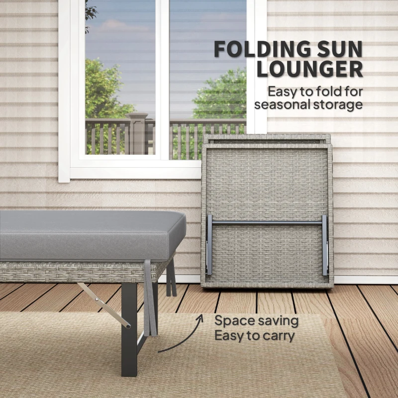 Outsunny Single Folding Rattan Sun Lounger, with Cushion - Grey