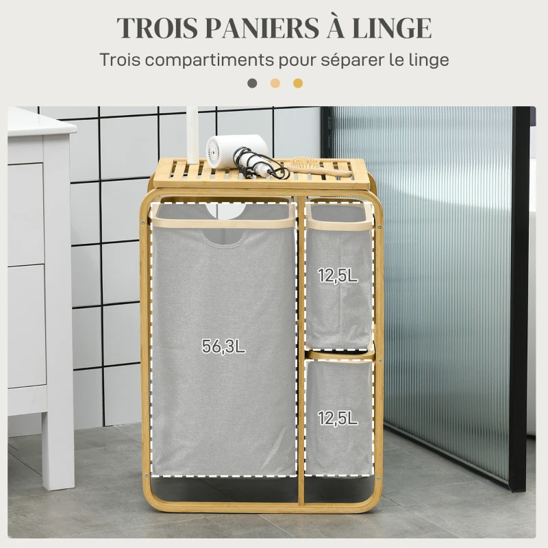 HOMCOM Panier à linge panier de rangement corbeille à linge bac linge sale en bambou 3 paniers - 49l x 33P x 70H cm gris