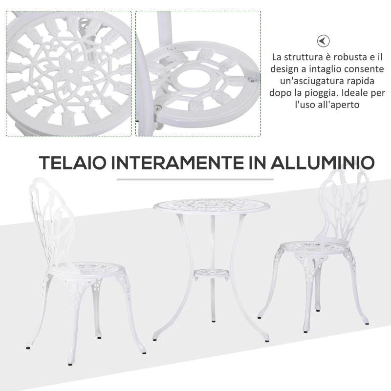 Outsunny Set da Giardino 3 Pezzi in Alluminio con 2 Sedie 42.5x47.5x89 cm e Tavolino Rotondo Ø60x67 cm, Bianco