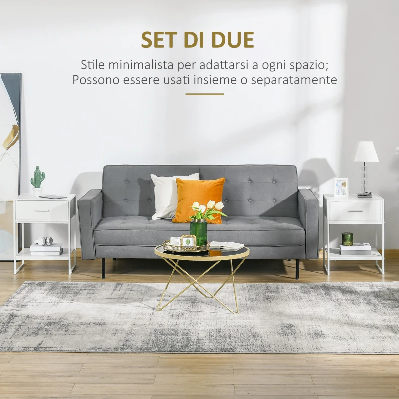 HOMCOM Set 2 Comodini Moderni, 2 Comodini da Camera da Letto e Soggiorno, con Cassetto e Ripiano Aperto, Design Moderno, in MDF e Acciaio, 45x40x60cm, Bianco