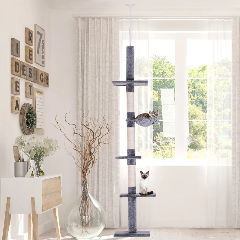 PawHut Floor to Ceiling Cat Tree Height Adjustable 230-260cm, 5-Tier Cat Tower with Scratching Post, Hammock, Perches, Climbing Activity Centre for Indoor Kittens, Grey