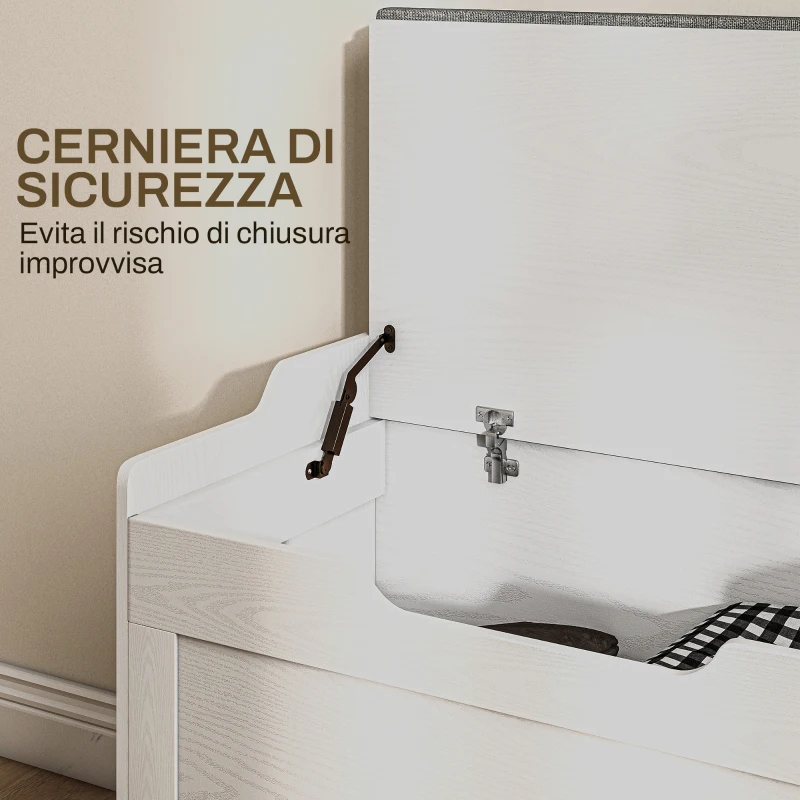 HOMCOM Panca Contenitore da 103L Multifunzione in Legno con Cuscino in Tessuto, 75x40x56cm, Bianco