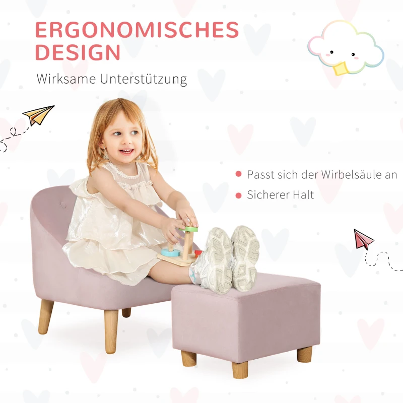 HOMCOM Kindersessel mit Ottomane für Kinder von 3 bis 5 Jahren Niedliches Design Samtoptik 51 cm x 51 cm x 50 cm Rosa