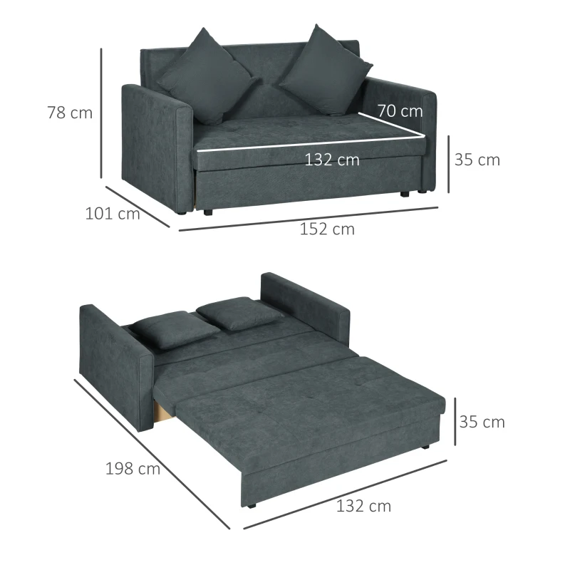 HOMCOM 2 Seater Sofa Bed with Hidden Storage, Pull Out Convertible Bed Settee, Modern Snow Flannel Loveseat Sofa Sleeper with 2 Cushions for Living Room, Guest Room, Dark Grey