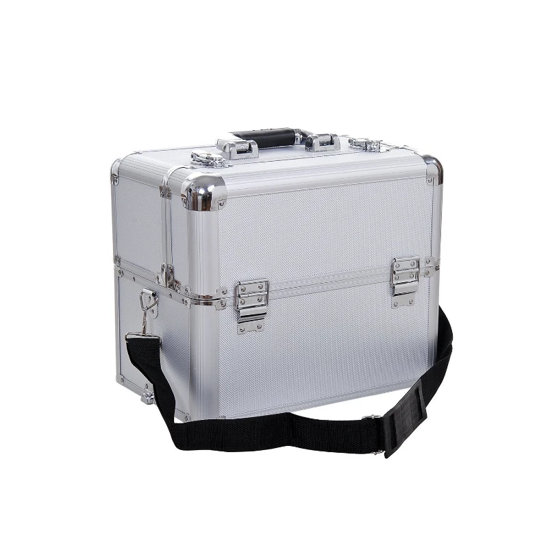 HOMCOM Maletin Maquillaje Profesional 35,5x23x86cm Maleta Trolley 4 Pisos 2 Ruedas Plateado Peluqueria Estetica